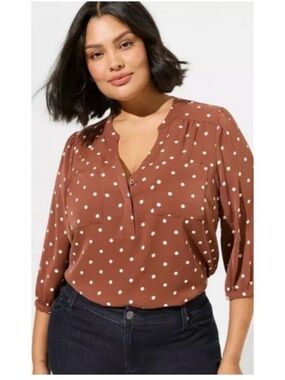 torrid Brown Polka Dot Split-Neck Blouse